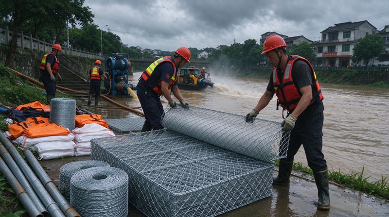 Changshu Jianghe Flood Prevention Products dobavlja gabionske in pocinkane mrežne materiale za podporni projekt drenaže v sili v Notranji Mongoliji